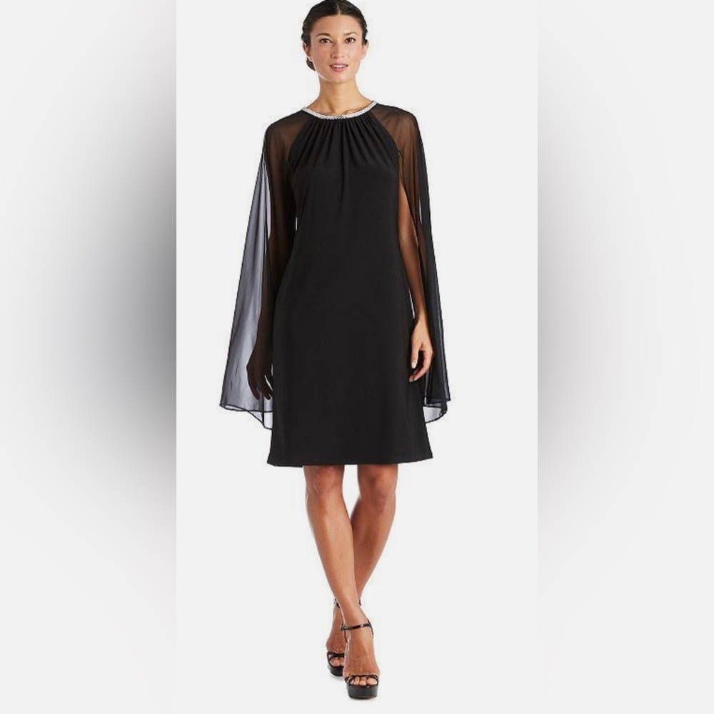 South Store Black Sheer Evening Dress with Attached Shawl/Cape